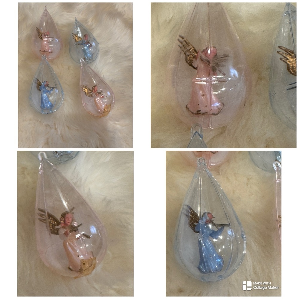 Set of 4 Vtg 50s Jewelbrite Teardrop Angel with Violin, Diorama ornament